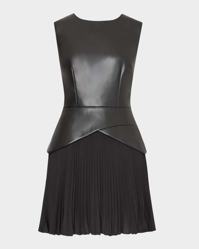 Haddy Faux Leather & Pleated Chiffon Mini Dress